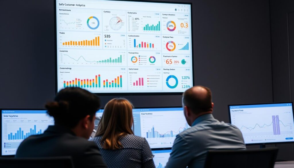 A detailed report on customer analytics and shopper behavior, showcasing a comprehensive data visualization dashboard. A large central monitor displays various charts, graphs, and infographics, providing insights into customer demographics, purchasing patterns, and market trends. The foreground features a minimalist user interface, with clean lines and subtle highlights. The middle ground depicts analysts reviewing the data, studying the visuals and collaborating. The background has a muted office setting, with subtle lighting and a sense of professionalism. The overall atmosphere conveys a data-driven, analytical approach to understanding consumer behavior and informing business decisions.