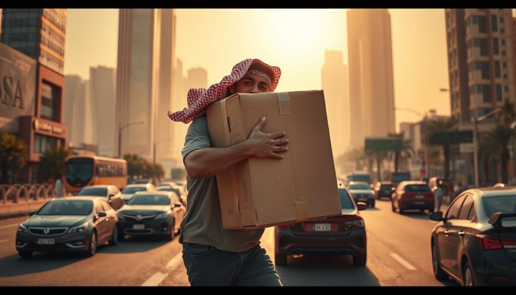 A detailed scene depicting the challenges of free shipping in Saudi Arabia. In the foreground, a delivery person struggles with a large, heavy package, their expression one of frustration. In the middle ground, a traffic-congested street with cars and pedestrians, symbolizing the logistical hurdles of timely delivery. The background features towering skyscrapers and a hazy, sun-drenched sky, conveying the urban environment and climate that further complicate the free shipping process. Warm lighting casts dramatic shadows, creating a sense of tension and urgency. The overall mood is one of obstacles to be overcome, with a subtle hint of determination to find solutions.