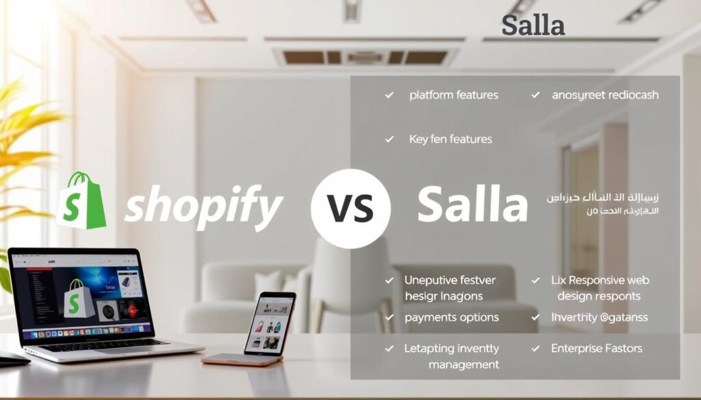 A detailed side-by-side comparison of Shopify and Salla, two leading e-commerce platforms in Saudi Arabia. The image shows two high-quality product photos, one from each platform, placed side-by-side under soft, natural lighting. The foreground features sleek, modern devices like laptops and smartphones, showcasing the user experience. The middle ground highlights key platform features like responsive web design, payment options, and inventory management. The background depicts a minimalist office setting, conveying a professional, enterprise-level atmosphere. The overall tone is informative, highlighting the unique strengths and capabilities of each platform in a visually striking manner.