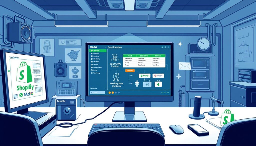 A detailed, technical illustration depicting the process of integrating Mado e-commerce platform with Shopify in Saudi Arabia. The scene shows a modern office setting with a computer screen displaying the integration interface, surrounded by relevant technical equipment and diagrams. The lighting is bright and clean, with a focus on the technical aspects. The overall mood is one of professionalism and attention to detail, highlighting the step-by-step nature of the integration process.