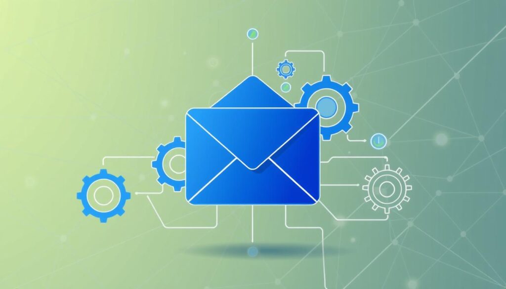 A digital illustration depicting the automated workflow of email marketing campaigns. In the foreground, a stylized email envelope icon symbolizes the core of email marketing. In the middle ground, a series of gears and cogs represent the automation process, seamlessly connecting the various elements. The background features a geometric pattern of intersecting lines, hinting at the intricacy and efficiency of the email marketing system. The overall composition conveys the concept of streamlined, effortless email marketing through automation and sequences.
