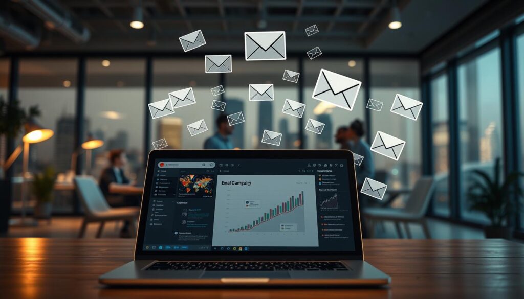 A digital marketing office scene featuring email marketing elements. In the foreground, a laptop displaying an email campaign dashboard. In the middle ground, a team collaborating on email strategies, surrounded by floating email icons, subscriber lists, and performance analytics. The background has a warm, modern office ambiance with large windows overlooking a city skyline. Subtle lighting creates depth and highlights the digital tools and teamwork. The overall mood conveys efficiency, collaboration, and the power of email marketing to drive business success.