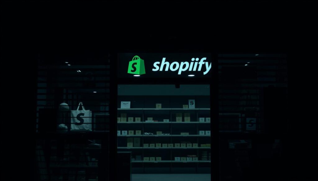 A dimly lit Shopify store, its signage and displays barely visible through the shuttered windows. The interior is shrouded in shadows, conveying a sense of finality and closure. The shelves are bare, their contents long since removed, leaving an eerie emptiness. The once-vibrant storefront has been reduced to a lifeless husk, a silent testament to the challenges of e-commerce. Soft, ambient lighting casts a melancholic glow, highlighting the store's abandoned state. The scene evokes a palpable sense of melancholy, underscoring the bittersweet realities of running a Shopify business.