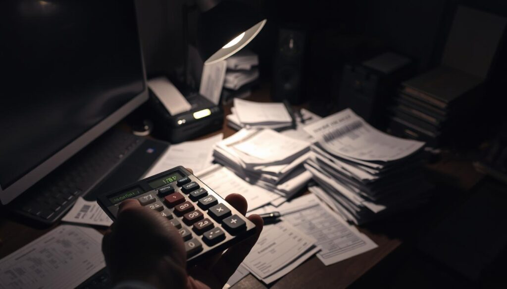 A dimly lit office setting with a desk, computer, and scattered documents. The lighting is soft and moody, creating shadows and highlights that accentuate the sense of hidden costs. In the foreground, a hand holds a calculator, the numbers on the display obscured, symbolizing the mysterious nature of the hidden expenses. The middle ground features stacks of receipts, invoices, and financial statements, hinting at the complexity of the subject matter. The background is slightly blurred, suggesting the larger context of the Saudi market and its unique challenges in managing these hidden costs.