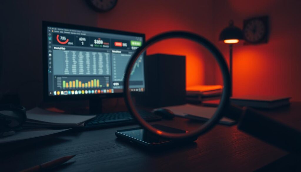 A dimly lit office space, with a desktop computer, scattered papers, and a smartphone resting on the surface. The computer screen displays a complex financial dashboard, hinting at hidden costs associated with digital services. The room is cast in a warm, amber glow, creating a sense of unease and uncertainty. In the foreground, a magnifying glass hovers over the smartphone, suggesting the need for closer inspection and scrutiny. The overall scene conveys the idea of hidden costs and the importance of carefully examining the financial implications of digital service usage.