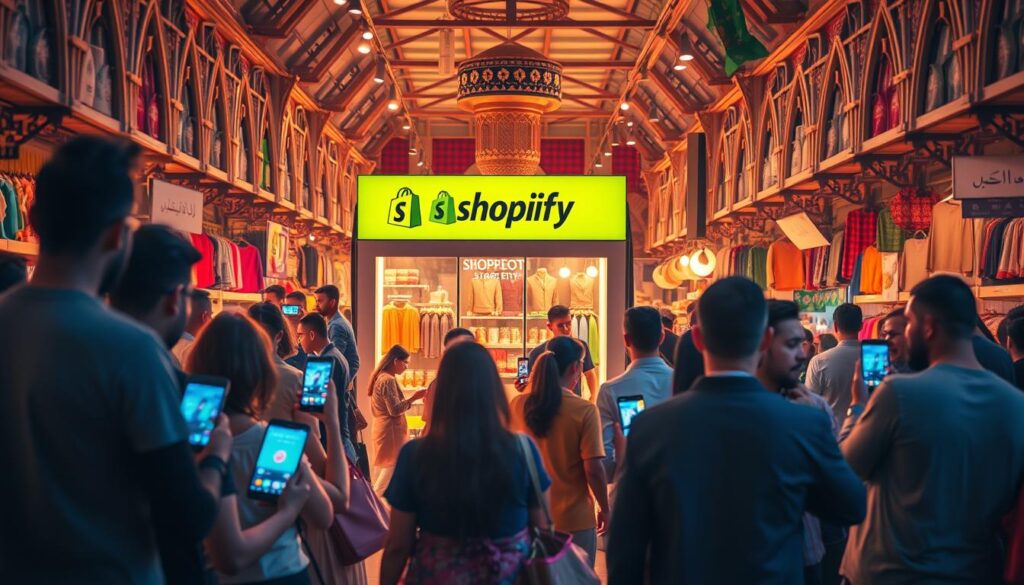 A dynamic, contemporary social media marketing scene. In the foreground, a diverse group of individuals engaged in vibrant digital interactions, their screens reflecting the latest trends and hashtags. In the middle ground, a stylized Shopify storefront showcases its products, surrounded by a flurry of activity from influencers, bloggers, and online shoppers. The background depicts a bustling Arab marketplace, with vibrant colors, patterns, and architectural elements that evoke the region's rich cultural heritage. Warm, diffused lighting creates a sense of energy and connection, reflecting the power of social media to bridge digital and physical realms and drive ecommerce growth in the Arab market.