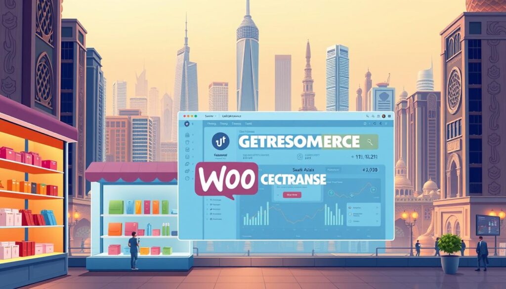 A dynamic illustration showcasing the seamless integration between GetResponse and WooCommerce. The foreground features a vibrant WooCommerce storefront, with products displayed on elegant shelves. In the middle ground, a GetResponse dashboard is prominently displayed, reflecting the comprehensive marketing tools and analytics available. The background depicts a bustling Saudi Arabian cityscape, with towering skyscrapers and intricate architectural details, conveying the regional context. The lighting is warm and inviting, creating a sense of professionalism and success. The overall composition highlights the powerful synergy between these two platforms, empowering Saudi businesses to reach new heights in their digital marketing endeavors.