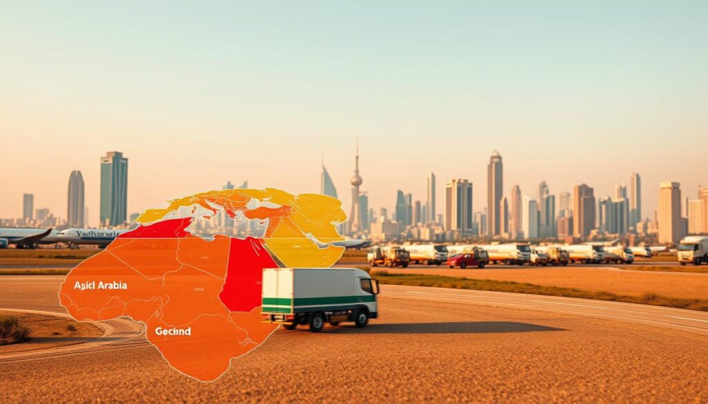 A dynamic landscape depicting the key factors that influence the selection of the right shipping provider for e-commerce stores in Saudi Arabia. In the foreground, a stylized map showcases the geographic coverage of major shipping companies, with different colors and textures representing their reach and speed of delivery. The middle ground features sleek delivery vehicles, their movements suggesting efficiency and reliability. In the background, a city skyline with modern high-rises symbolizes the thriving e-commerce industry, bathed in warm, golden lighting to convey a sense of prosperity and opportunity. The overall composition aims to visually communicate the importance of comprehensive geographical coverage and rapid delivery times in choosing the optimal shipping partner for online businesses.