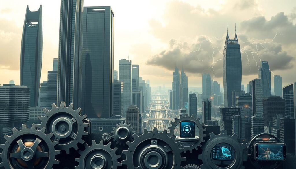 A futuristic cityscape, with towering skyscrapers and sleek modern architecture. In the foreground, a series of intricate gears and cogs, symbolizing the complex mechanisms of e-commerce. The midground features various online shopping experiences, from mobile devices to virtual reality headsets, all connected by a network of digital pathways. In the background, a landscape of challenges and obstacles, represented by dark clouds, lightning bolts, and other ominous elements. The overall mood is one of technological progress and innovation, tempered by the need to navigate the challenges of the digital marketplace. Soft, diffuse lighting illuminates the scene, creating a sense of depth and atmosphere.