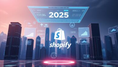 A futuristic digital landscape depicting the anticipated updates for Shopify in 2025. A sleek and modern user interface hovers above a cityscape of towering skyscrapers, their facades adorned with holographic displays. In the foreground, a stylized Shopify logo stands proud, surrounded by a symphony of floating data visualizations, AI-powered analytics, and streamlined e-commerce tools. The scene is bathed in a soft, glow-like lighting, creating an atmosphere of innovation and progress. The composition emphasizes the seamless integration of technology and commerce, reflecting the advancements Shopify is set to unveil in the coming years.