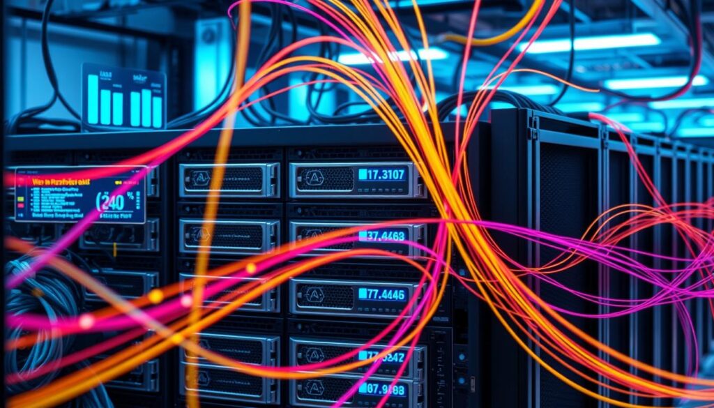 A high-performance web server rack situated in a modern, climate-controlled data center. The server blades gleam with a metallic sheen, their cooling fans whirring softly. Vibrant holographic displays show real-time metrics of network throughput, latency, and server load. Flowing cables in a rainbow of colors weave a complex tapestry, connecting the servers to the internet backbone. Soft blue ambient lighting sets a professional, technological tone. The entire scene conveys a sense of efficiency, reliability, and global reach - essential qualities for hosting high-traffic websites in Saudi Arabia.