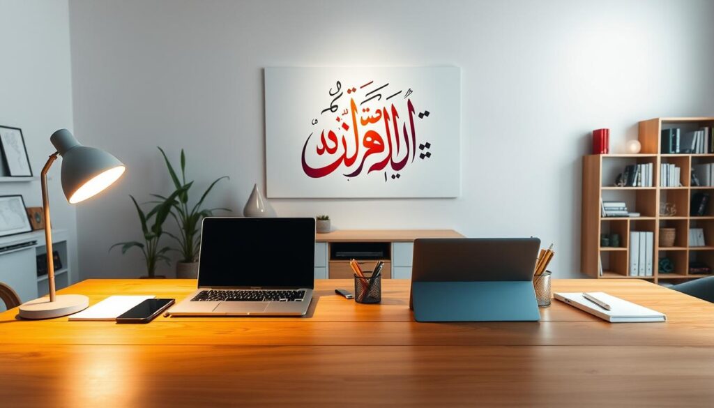 A high-quality Arabic content creation scene depicting a modern, minimalist workspace. In the foreground, a wooden desk with a laptop, tablet, and various stationery items. Soft, indirect lighting casts a warm glow, creating a focused, productive atmosphere. In the middle ground, a large, vibrant Arabic calligraphy artwork adorns the wall, showcasing the beauty and elegance of the language. The background features clean, white walls and simple, Scandinavian-inspired shelving units displaying various design elements and books. Overall, the image conveys a sense of creativity, professionalism, and attention to detail in the creation of high-quality Arabic content.