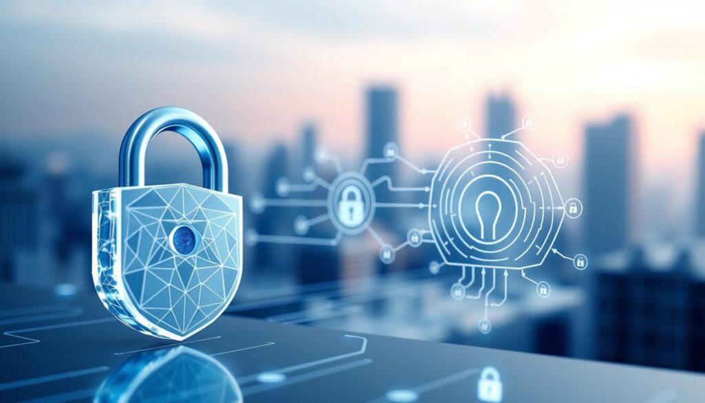 A high-quality, detailed digital illustration depicting data protection and privacy policies in Kinsta. In the foreground, a striking 3D model of a lock icon with intricate geometric patterns, representing the robust security measures in place. In the middle ground, a stylized network diagram with data packets flowing through secure channels, conveying the secure data transmission processes. In the background, a blurred cityscape with modern, minimalist architecture, symbolizing Kinsta's cloud-based infrastructure. The overall composition should have a sleek, futuristic aesthetic, with a soothing color palette of blues, grays, and whites to convey a sense of trustworthiness and reliability.