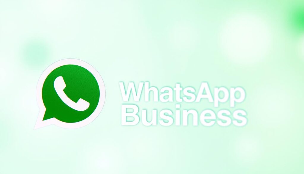 A high-quality, detailed illustration of the WhatsApp Business app logo and branding. The foreground features the iconic WhatsApp green speech bubble logo, rendered with a glossy, reflective surface that catches the light. The middle ground shows the "WhatsApp Business" text in a clean, professional sans-serif font, with a subtle drop shadow for depth. The background is a soft, blurred gradient of light greens and whites, evoking a sense of digital technology and modern business. The overall mood is sleek, minimalist, and visually appealing, suitable for showcasing the WhatsApp Business platform in a professional context.