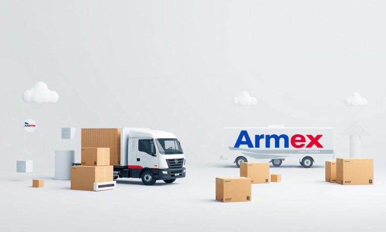 A high-quality, detailed illustration of the services offered by Aramex, a leading logistics and shipping company. The image should depict various shipping-related elements such as cargo boxes, delivery trucks, and freight forwarding symbols, all set against a clean, minimalist background with a subtle gray or blue color palette to convey a sense of efficiency and professionalism. The composition should be well-balanced, with the various elements arranged in an eye-catching and visually appealing manner. The overall mood should be one of reliability, trustworthiness, and expertise in the field of logistics and shipping.