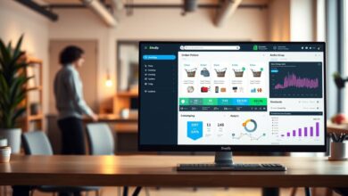 A high-quality, detailed image of the Shopify platform interface, featuring a sleek and modern design. The foreground showcases the Shopify logo and the central dashboard, with a clean and minimalist layout. The middle ground displays various product listings, order management tools, and analytics dashboards, highlighting the platform's robust e-commerce capabilities. The background depicts a professional, well-lit office setting, with subtle hints of warmth and productivity. The overall atmosphere conveys a sense of efficiency, professionalism, and the empowerment of online business owners.