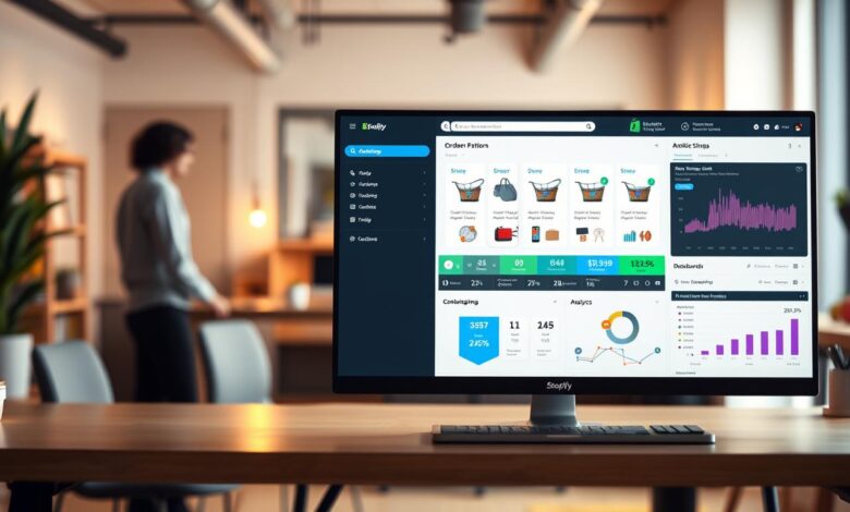 A high-quality, detailed image of the Shopify platform interface, featuring a sleek and modern design. The foreground showcases the Shopify logo and the central dashboard, with a clean and minimalist layout. The middle ground displays various product listings, order management tools, and analytics dashboards, highlighting the platform's robust e-commerce capabilities. The background depicts a professional, well-lit office setting, with subtle hints of warmth and productivity. The overall atmosphere conveys a sense of efficiency, professionalism, and the empowerment of online business owners.