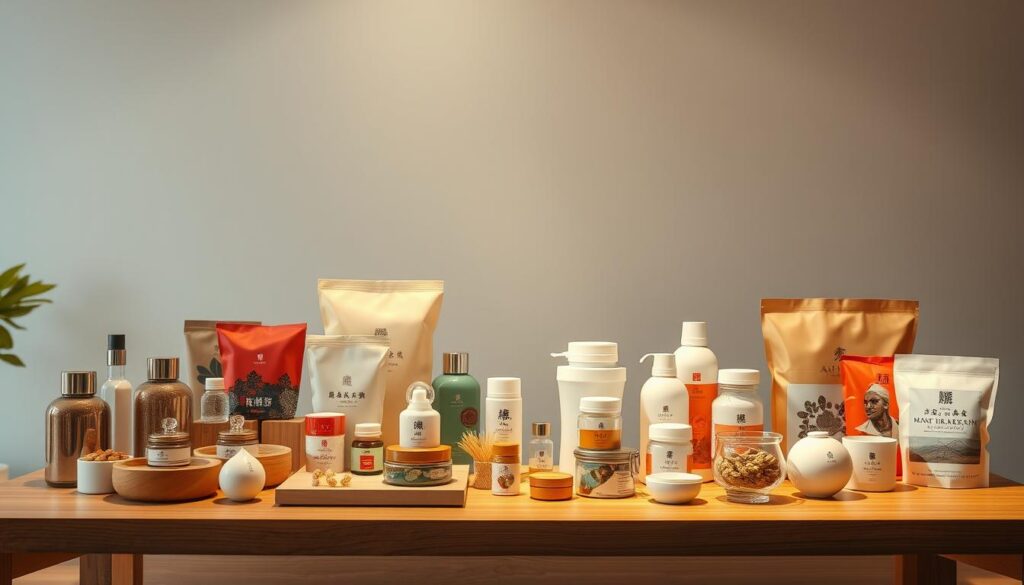 A high-quality, detailed image of various Chinese products displayed on a modern, minimalist wooden table, illuminated by warm, natural lighting. The products should be arranged in a visually appealing, organized manner, showcasing their unique designs and features. The background should be a clean, uncluttered space, allowing the products to take center stage. The overall composition should convey a sense of quality, value, and the potential profitability of importing these items.