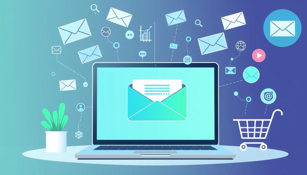 A high-quality digital illustration depicting the concept of "Email Marketing" within the context of an "ecommerce marketing" plan. The scene shows a laptop computer with an email client interface prominently displayed, surrounded by various marketing icons and graphics such as email envelopes, digital charts, and shopping cart symbols. The color palette should be vibrant yet professional, utilizing shades of blue, green, and gray. The overall composition should convey a sense of efficiency, digital connectivity, and the importance of email as a crucial component of a comprehensive ecommerce marketing strategy. The level of detail and realism should be appropriate for a professional-grade illustration to be used in a business-focused article.