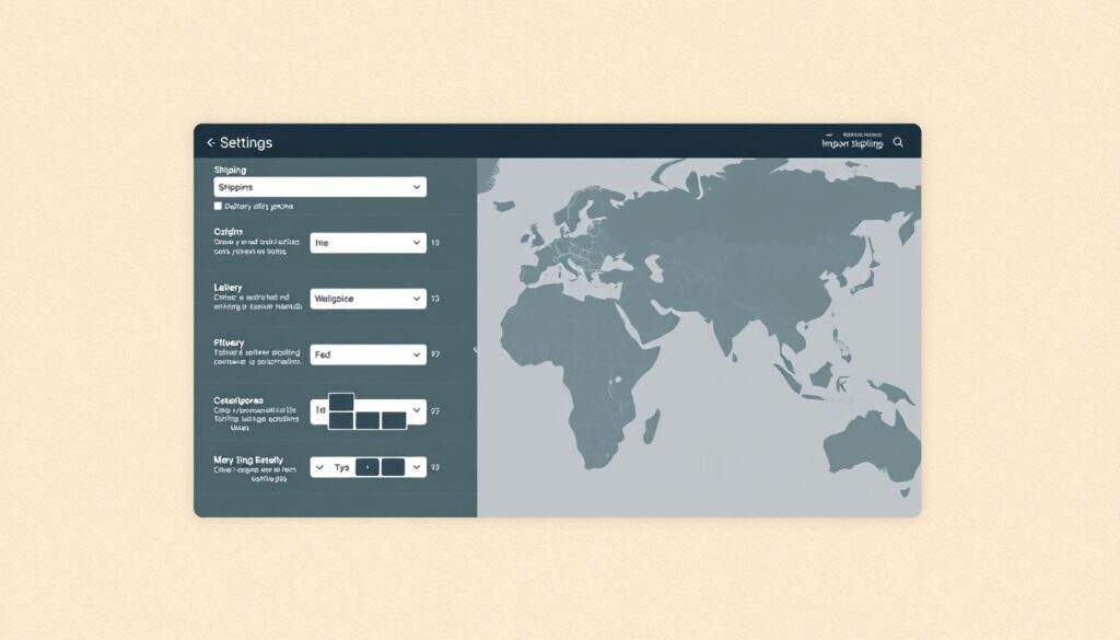 A high-quality infographic displaying the international shipping settings interface of an e-commerce platform. The foreground features a clean, minimalist layout with input fields, dropdown menus, and toggle switches to configure shipping options, delivery methods, and customs duties. The middle ground showcases a map of the world, highlighting major trade routes and shipping hubs. The background depicts a subtle, textured pattern suggestive of packing materials or logistical paperwork. The overall aesthetic conveys a sense of professionalism, efficiency, and attention to detail, suitable for illustrating an article on import policies in Shopify.