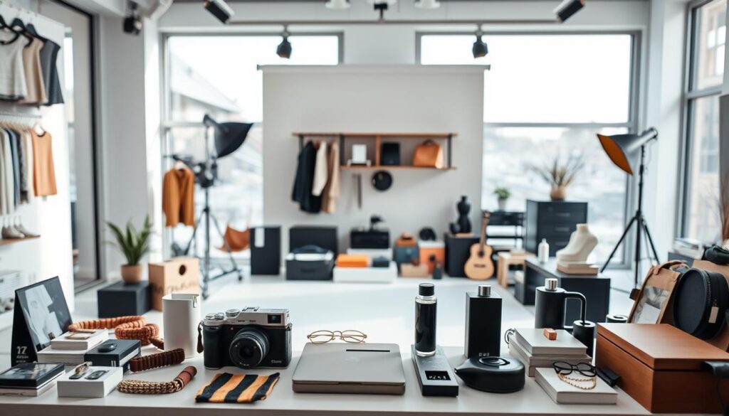 A high-quality product photography scene showcasing various merchandise. The foreground features a neatly arranged display of fashion accessories, electronics, and home decor items, all photographed with a professional-grade DSLR camera using soft, diffused natural lighting from large windows. The middle ground shows a clean, minimalist studio setup with a seamless white backdrop, allowing the products to be the focal point. The background blends into a softly defocused, ambient scene with subtle textures and muted colors, creating a sense of depth and balance. The overall mood is sleek, modern, and visually appealing, highlighting the products in the best possible light.