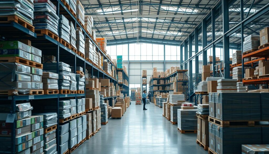 A high-quality, well-lit photograph showcasing a modern Shopify-powered wholesale distribution center. The foreground features neatly stacked pallets of diverse products, with warehouse workers diligently loading and unloading goods. In the middle ground, rows of shelves and storage racks create an organized, efficient layout. The background depicts the facility's expansive interior, with large windows allowing natural light to flood the space, creating a bright, professional atmosphere. The overall scene conveys the scale, precision, and technology-driven nature of a successful wholesale operation optimized for Shopify.