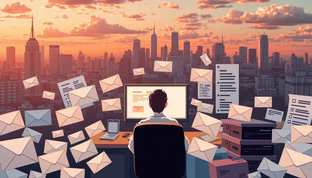 A high-resolution, detailed digital illustration of common mistakes in email marketing. In the foreground, a person at a desk surrounded by envelopes, inboxes, and a computer screen. In the middle ground, various email marketing elements like opt-in forms, newsletters, and subscriber lists. In the background, a city skyline with clouds and a warm, sunset-inspired color palette. The overall scene conveys the challenges and pitfalls of building an effective email marketing strategy, with a thoughtful, educational tone.