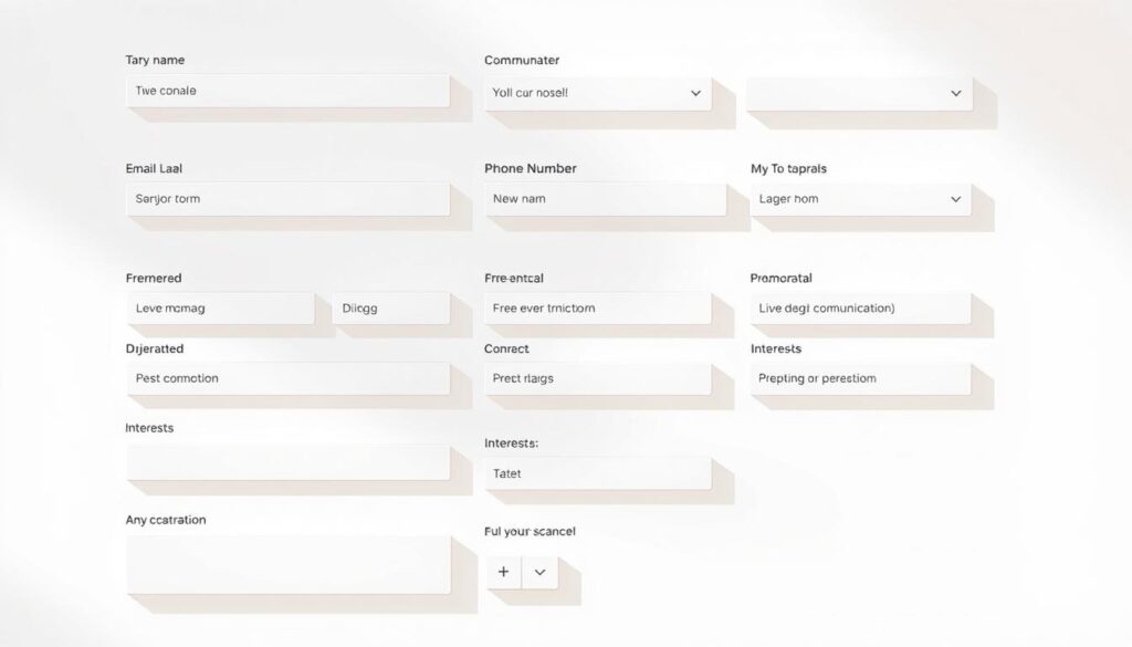 A high-resolution, detailed image of a modern, clean, and well-organized web form with a variety of input fields arranged in a grid layout. The fields should include standard options like name, email, phone number, as well as more specialized fields relevant to a subscription signup, such as preferred communication frequency, interests, and any other customer details. The form should have a minimalist, user-friendly design with clear labels, placeholders, and subtle hover/focus effects. The background should be a plain, slightly off-white color to keep the focus on the form elements. Lighting should be natural and slightly diffused, creating soft shadows and highlights that accentuate the depth and textures of the form components.