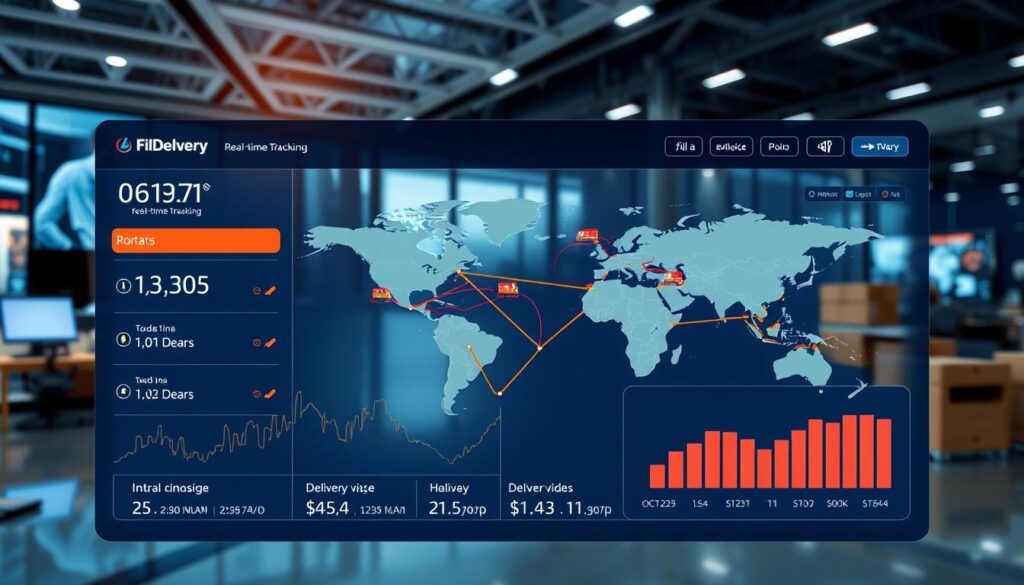 A high-resolution, detailed image of a real-time package tracking dashboard. The dashboard shows a map with animated delivery routes, order status updates, and delivery estimates. The foreground features a sleek, minimalist user interface with clean typography and intuitive icons. The middle ground depicts a 3D global logistics network with shipment movements across continents. The background showcases a modern, high-tech office environment with large displays, smart devices, and efficient workflows. The lighting is bright and crisp, with a sense of professionalism and technological sophistication. The overall mood conveys transparency, efficiency, and a seamless customer experience for package tracking.