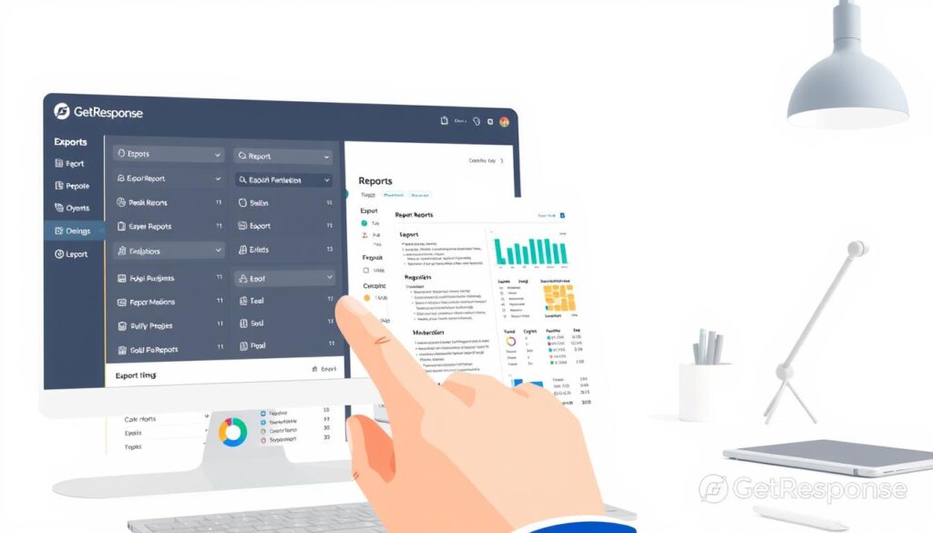 A high-resolution digital illustration depicting the process of exporting reports in GetResponse. In the foreground, a user's hand interacts with a sleek, modern dashboard interface, navigating through various report options and export settings. The middle ground showcases a detailed preview of a well-structured report, with clean data visualizations and insightful analytics. The background features a neutral, minimalist workspace setting, with subtle design elements that complement the GetResponse brand identity. The overall scene conveys a sense of efficiency, professionalism, and the seamless integration of data reporting within the email marketing platform.