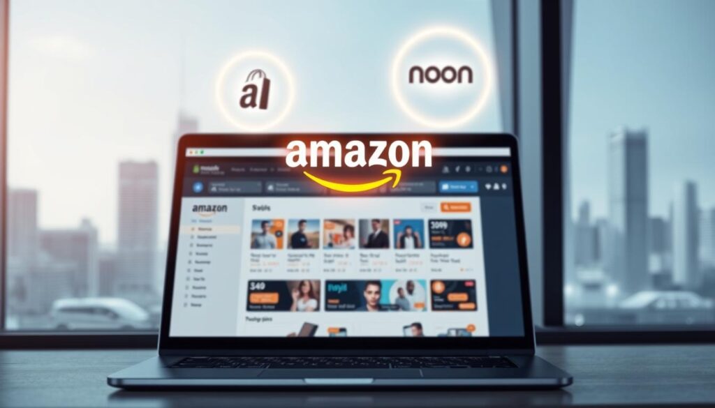 A high-resolution, photorealistic image showcasing the seamless integration of Shopify, Amazon, and Noon marketplaces. In the foreground, a laptop displays the Shopify dashboard, with product listings and order management tools. In the middle ground, glowing icons representing the Amazon and Noon logos float, symbolizing the interconnectivity between the platforms. The background features a sleek, modern cityscape, hinting at the global reach and potential of this integrated e-commerce solution. The overall scene conveys a sense of efficiency, profitability, and technological innovation.
