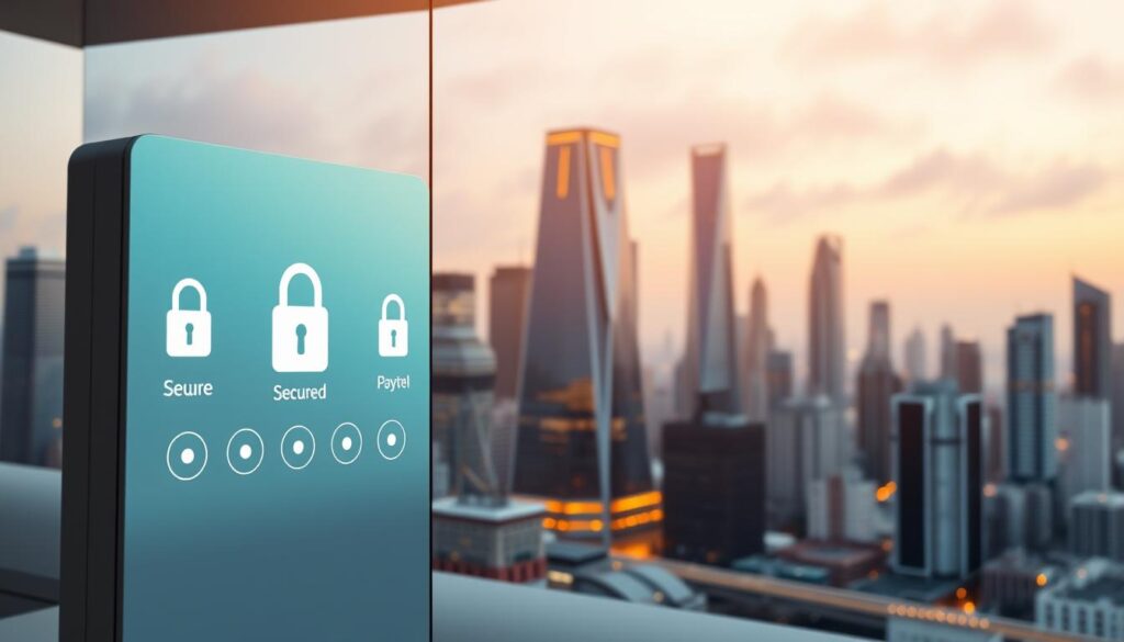 A high-security payment gateway with a clean, modern interface. The foreground features a sleek, minimalist design with padlock icons and secure transaction indicators. The middle ground showcases a virtual credit card and mobile payment options, highlighting the convenience and versatility of the platform. The background depicts a cityscape with towering skyscrapers, symbolizing the scale and reliability of the payment system. Soft, warm lighting creates a sense of safety and trust, while the overall composition conveys a professional, enterprise-grade solution for secure online payments.
