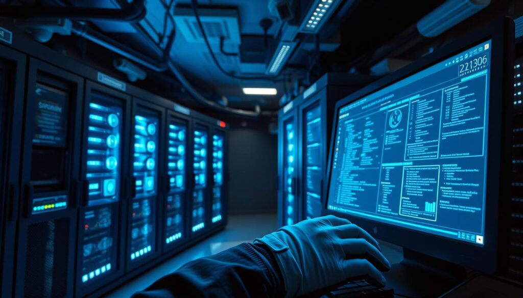 A high-security server room with reinforced walls and surveillance cameras. Flickering holographic displays show real-time network activity and threat detection algorithms. In the foreground, a gloved hand types furiously on a sleek, modern workstation, the screen filled with lines of code and security dashboards. Soft blue lighting casts an ethereal glow, conveying a sense of vigilance and technological sophistication. The atmosphere is tense yet controlled, reflecting the importance of protecting critical digital infrastructure from cyber attacks.