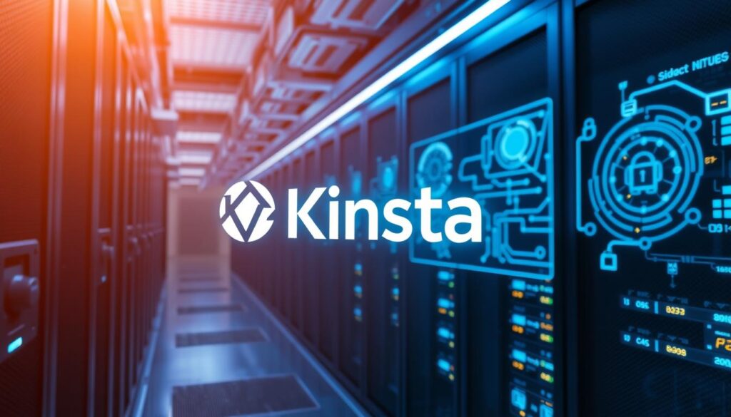 A high-tech data center with cutting-edge security features, bathed in a cool, blue-tinged lighting. Sleek server racks, biometric scanners, and intricate network diagrams displayed on holographic screens. In the foreground, a Kinsta logo subtly illuminated, conveying a sense of robust protection and reliability. The depth of field gradually blurs the background, emphasizing the focal point - the secure infrastructure that powers Kinsta's hosting services. The overall atmosphere is one of sophistication, innovation, and unwavering commitment to safeguarding client data.
