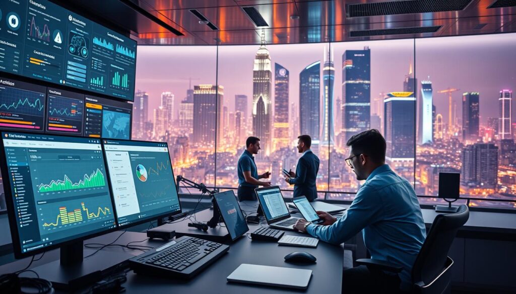 A high-tech digital marketing command center, showcasing the seamless integration between GetResponse and Shopify. In the foreground, a sleek dashboard displays real-time analytics, campaign performance metrics, and customer insights. Surrounding it, a dynamic array of interactive touchscreens, data visualizations, and AI-powered marketing tools. In the middle ground, a team of digital strategists collaborates, fine-tuning targeted campaigns that drive conversions. In the background, a vibrant, futuristic cityscape reflects the power of this powerful e-commerce and marketing alliance. Subtle lighting and cinematic camera angles elevate the scene, conveying a sense of efficiency, innovation, and the future of omnichannel marketing.