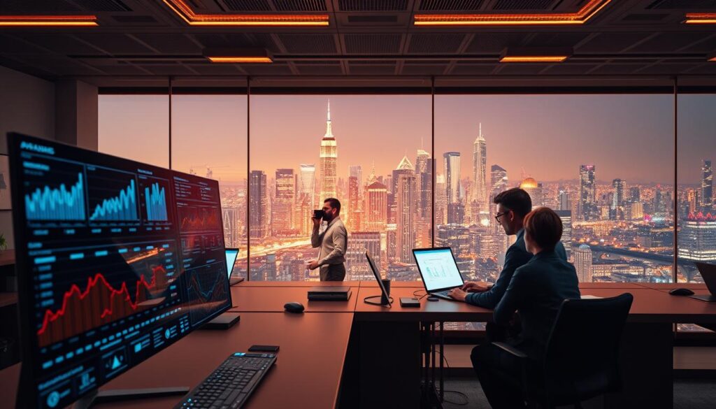 A high-tech office scene with a futuristic, automated sales process. In the foreground, a sleek digital dashboard displays real-time sales data and analytics. In the middle ground, a team of sales professionals collaborates using advanced communication tools. In the background, an expansive city skyline with glowing skyscrapers symbolizes the scale and reach of the sales operation. Warm lighting creates a productive and efficient atmosphere, while dynamic camera angles and a cinematic composition capture the dynamism of the automated sales workflow.