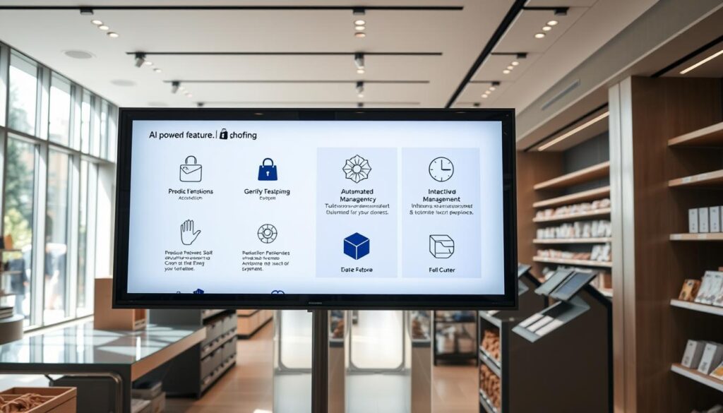 A high-tech retail space showcasing AI-powered Shopify applications. In the foreground, a large display screen presents various AI-driven features - product recommendations, automated inventory management, and personalized customer experiences. The middle ground features rows of product shelves, with digital price tags and interactive displays. The background depicts the sleek, modern design of the store, with clean lines, neutral tones, and abundant natural lighting filtering through floor-to-ceiling windows. Conveying a sense of innovation, efficiency, and a seamless integration of technology into the shopping experience.