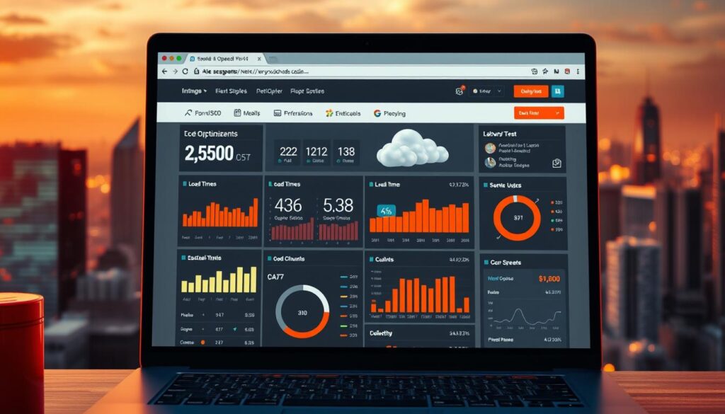 A highly detailed, finely rendered image of a modern web browser window displaying a website with optimization metrics and performance visualizations. The foreground shows an array of charts, graphs, and speed test results, highlighting various performance factors such as load times, resource usage, and core web vitals. The middle ground features a 3D model of a cloud infrastructure, symbolizing the hosting and delivery aspects of the website. The background depicts a cityscape with skyscrapers, representing the wider digital ecosystem in which the website operates. The scene is bathed in a warm, ambient lighting that conveys a sense of professionalism and technical expertise. The overall mood is one of data-driven analysis and a commitment to optimizing the website's speed and user experience.