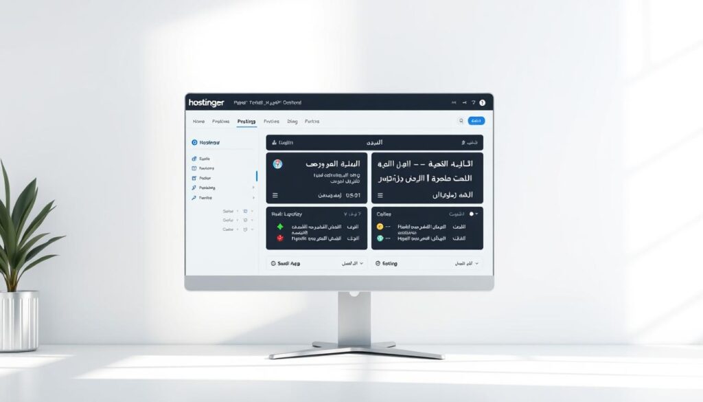 A highly detailed, photorealistic screenshot of the Hostinger hPanel control panel interface, fully translated into the Arabic language. The panel is shown in a clean, well-lit environment with a soft, diffused lighting setup, capturing the sleek, modern aesthetics of the dashboard. The layout showcases the key sections and functionality of the control panel in an intuitive, user-friendly manner. The overall mood is one of professionalism and ease of use, complementing the article's focus on Hostinger's suitability for WordPress websites in Saudi Arabia.