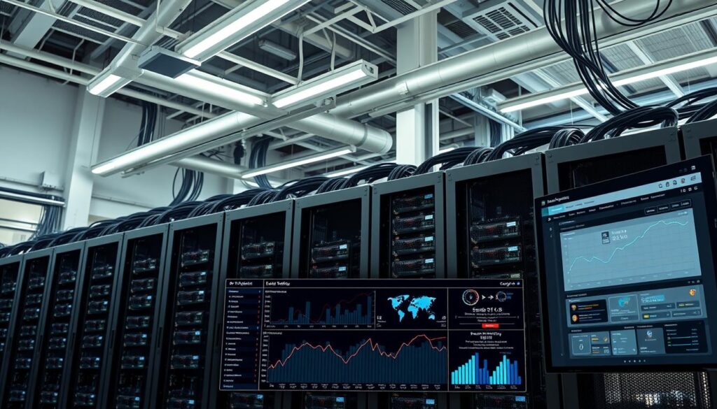 A large, modern data center with rows of racks housing high-performance servers, cooled by an efficient HVAC system. The interior is bathed in soft, indirect lighting, creating a serene and professional atmosphere. Cables and wiring are neatly organized, reflecting the advanced infrastructure. In the foreground, a network operations dashboard displays real-time traffic data and performance metrics, showcasing the system's scalability and traffic management capabilities. The background features architectural elements like high ceilings and large windows, conveying a sense of openness and technological sophistication.