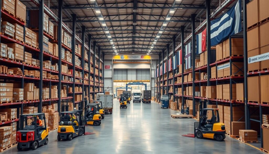 A large warehouse interior with rows of shelving and stacked shipping containers, bathed in warm, diffused lighting. Forklifts and workers diligently moving goods. In the background, a loading dock with trucks being loaded and unloaded. The walls are adorned with international shipping signage and flags, conveying a global logistics hub. The scene has a sense of efficiency and organization, reflecting the preparation and coordination required for international shipping operations.