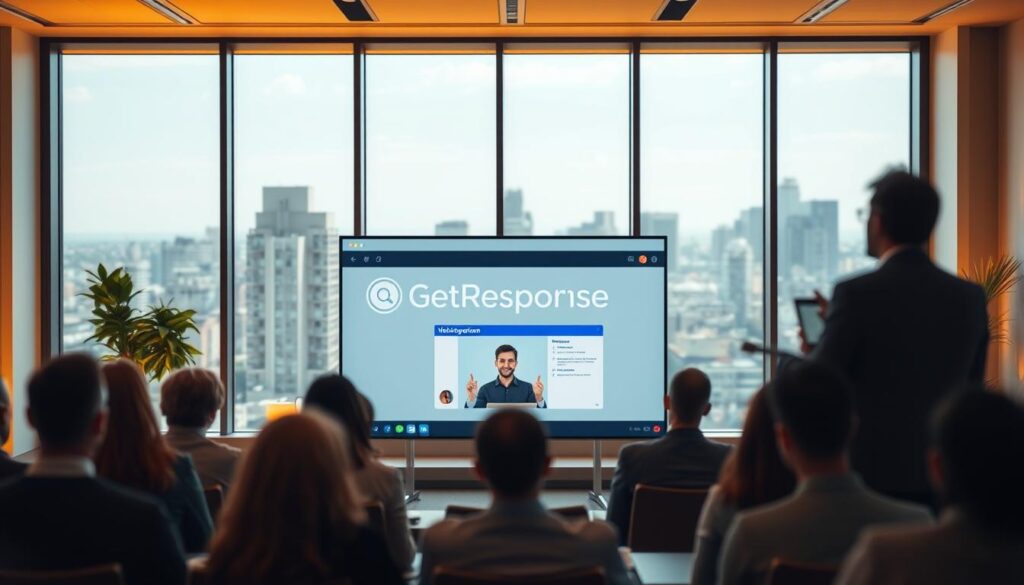 A live online webinar session hosted on the GetResponse platform. The foreground features a presenter standing at a podium, gesturing and speaking to a virtual audience. The middle ground displays the GetResponse logo and interface, showcasing the webinar controls and features. The background depicts a modern, minimalist office setting with large windows overlooking a cityscape. Warm, natural lighting illuminates the scene, creating a professional and engaging atmosphere. The overall composition emphasizes the capabilities and user experience of the GetResponse webinar tool.