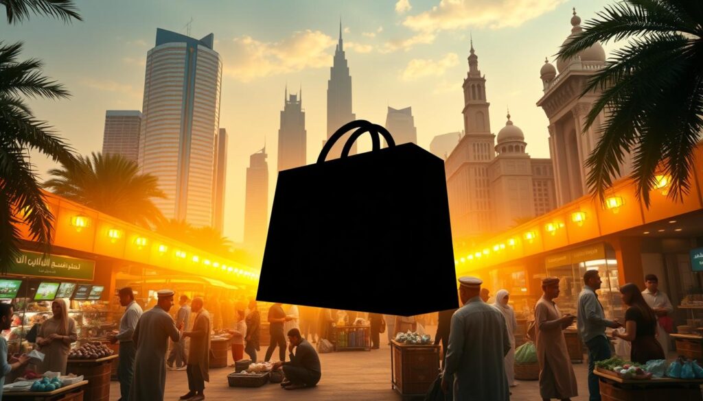 A lush, vibrant scene depicting the complexities of import policies in Saudi Arabia through the lens of Shopify. In the foreground, a stylized silhouette of the Shopify logo serves as a gateway, hinting at the digital infrastructure enabling cross-border commerce. The middle ground features a bustling marketplace, with vendors haggling and customers negotiating, all set against the backdrop of towering skyscrapers and the iconic architecture of Riyadh. Warm, golden lighting filters through, casting a dreamlike quality and emphasizing the interconnectedness of global trade. The overall composition conveys a sense of dynamism, innovation, and the ever-evolving nature of import regulations in the digital age.