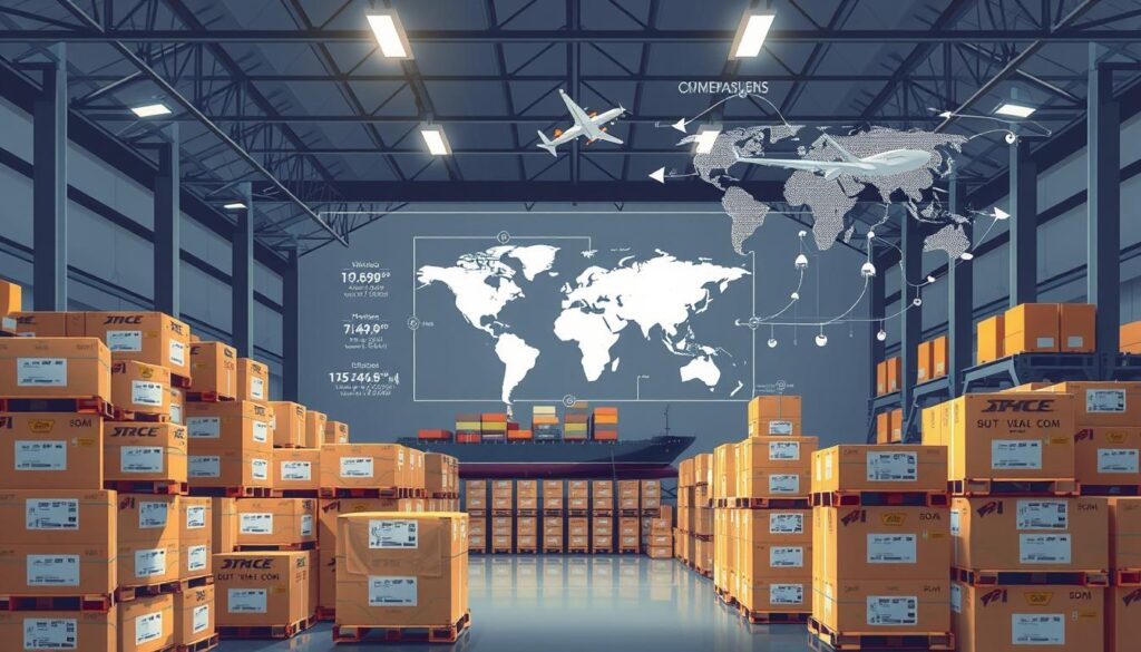 A meticulous illustration of international cargo management, showcasing a meticulously organized warehouse interior. Crisp lighting illuminates stacks of neatly labeled packages in the foreground, while a detailed schematic of shipping dimensions and weight limits occupies the middle ground. In the background, a global logistics network of transportation modes - from cargo ships to airplanes - suggests the comprehensive scope of international shipping operations. The scene conveys a sense of precision, efficiency, and attention to detail essential for managing the complexities of cross-border logistics.