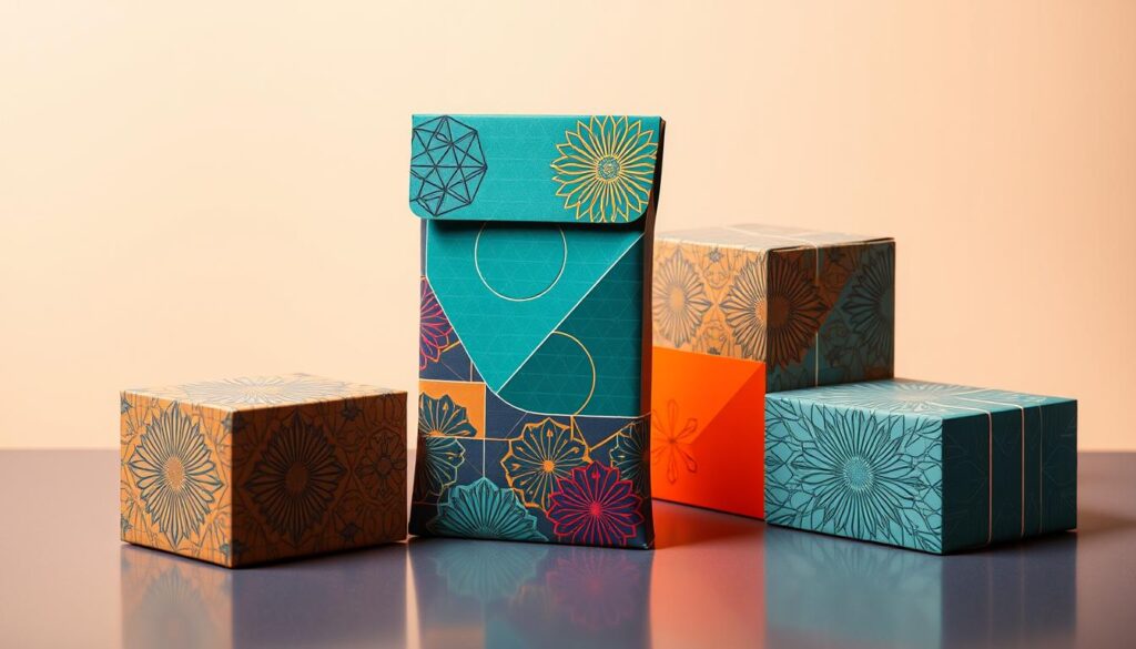 A meticulously crafted package design featuring an array of intriguing geometric patterns and a vibrant color palette. The composition creates a sense of depth and movement, drawing the viewer's eye through the various layers. Soft, diffused lighting gently illuminates the surfaces, adding a touch of sophistication. The overall aesthetic conveys a balance of modern elegance and functional simplicity, perfectly suited for showcasing a premium product. The packaging design exudes a premium, high-quality appearance that would elevate the perceived value of the item within.