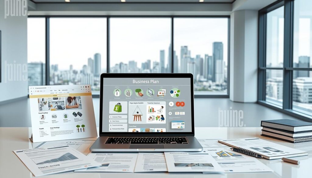 A meticulously designed business plan for a Shopify store, featuring a sleek and modern layout with clean lines and a balanced color palette. The plan lays out a comprehensive strategy, detailing the store's unique value proposition, target market analysis, product selection, pricing structure, and marketing campaigns. The foreground showcases a laptop displaying the store's homepage, surrounded by neatly organized documents and notes. The middle ground features various icons and infographics illustrating the key components of the plan, while the background depicts a minimalist office setting with a large window overlooking a city skyline, conveying a sense of professionalism and success.
