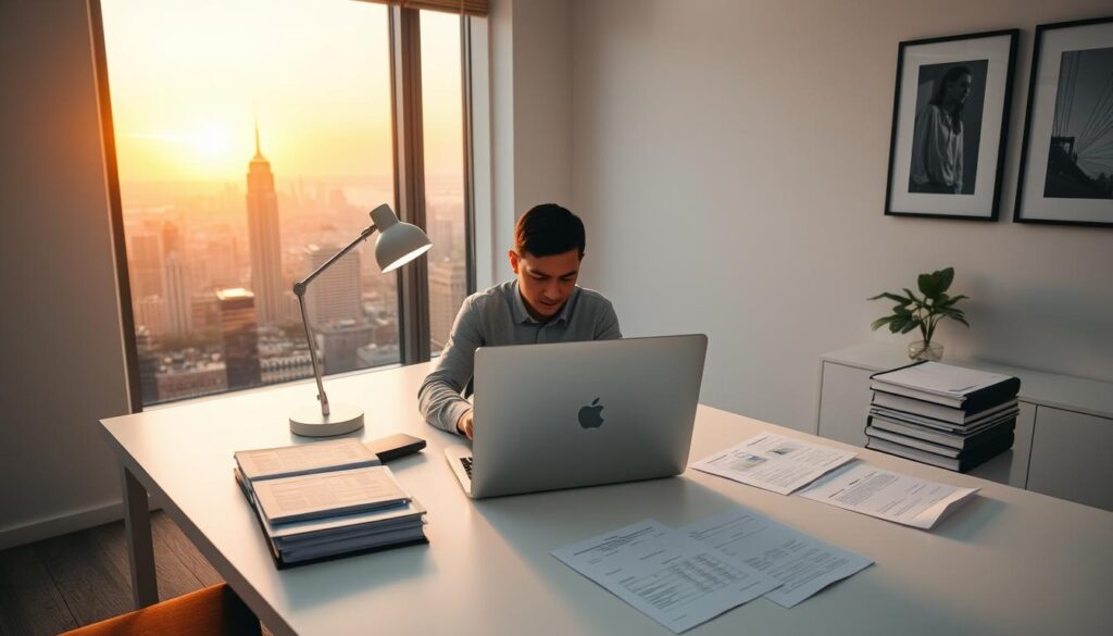 A meticulously designed home office setup, with a clean and minimalist aesthetic. The desk features a sleek laptop, a modern desk lamp casting a warm glow, and an array of organized documents and files. In the background, a large window offers a panoramic view of a bustling city skyline, bathed in the golden hues of the setting sun. The walls are adorned with simple, yet elegant artwork, creating a serene and professional atmosphere. The lighting is carefully balanced, with soft, indirect illumination highlighting the key elements of the workspace. An air of focused productivity and attention to detail pervades the scene, as the diligent individual prepares their tax-related documents for their online business.