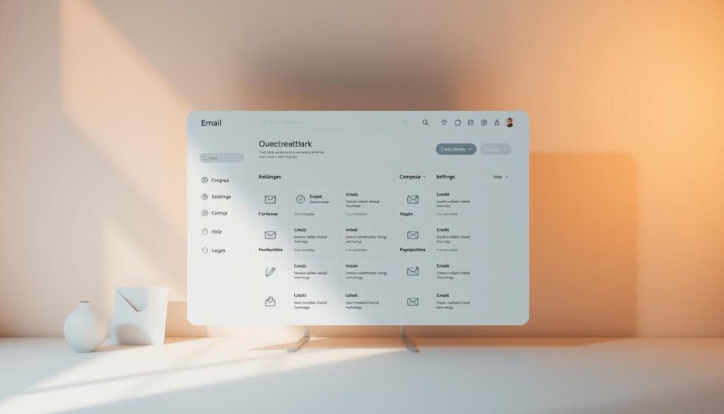 A minimalist and sleek email dashboard interface set against a warm, softly lit backdrop. The central panel displays a clean grid of email inbox, compose, and settings icons, with subtle gradient highlights to draw the eye. Surrounding this are subtle geometric shapes and patterns in muted tones, creating a sense of depth and balance. The overall aesthetic is modern, elegant, and highly functional, reflecting the ease and simplicity of setting up a professional-looking email account.