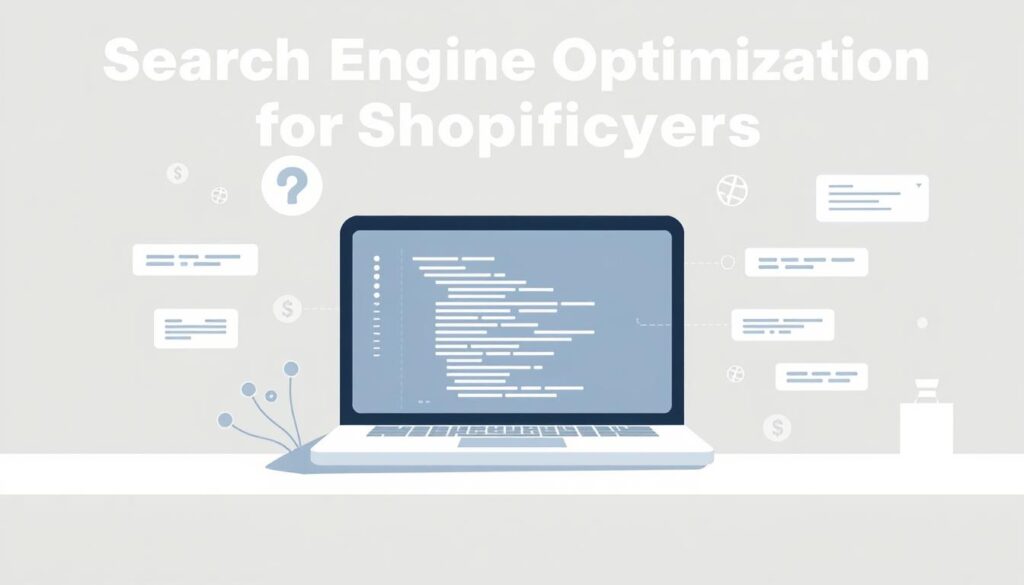A minimalist digital illustration showcasing the technical aspects of search engine optimization for Shopify stores. The composition features a stylized laptop or tablet device placed centrally, with various UI elements and code snippets floating around it. The background should have a subdued, muted color palette to keep the focus on the technical details. Use a low-key lighting setup with subtle shadows and highlights to convey a sense of professionalism and expertise. Incorporate common SEO concepts and metrics such as keyword analysis, website structure, metadata, and site performance through discrete graphic elements. The overall tone should be clean, modern, and visually engaging to complement the article's subject matter.