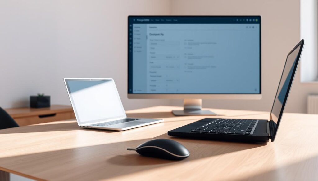 A minimalist office setup with a laptop, mouse, and keyboard on a sleek, wooden desk. In the background, a large monitor displays a simple, elegant DNS configuration interface. The lighting is soft and natural, casting a warm glow over the scene. The overall atmosphere is focused and professional, conveying the process of setting up a domain's DNS records. The camera angle is slightly elevated, giving a clean, uncluttered view of the workspace.